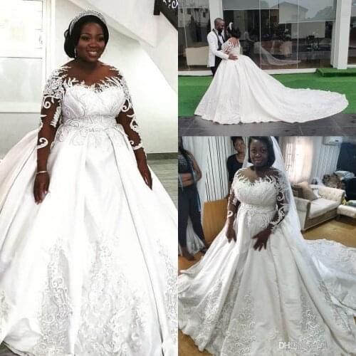 Dubai Arabic Plus Size Satin Ball Gown Wedding Dresses 2022 Elegant Lace Beaded Bridal Gown Sheer Long Sleeves Court Train Vesti
