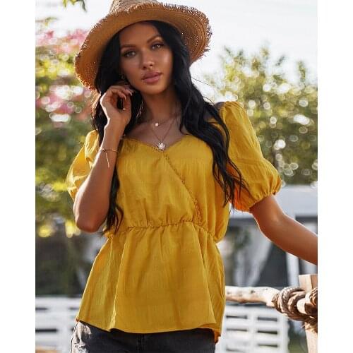 Short-sleeved early summer slim temperament Mori girl careful machine bubble sleeve solid color slim V-neck cotton top