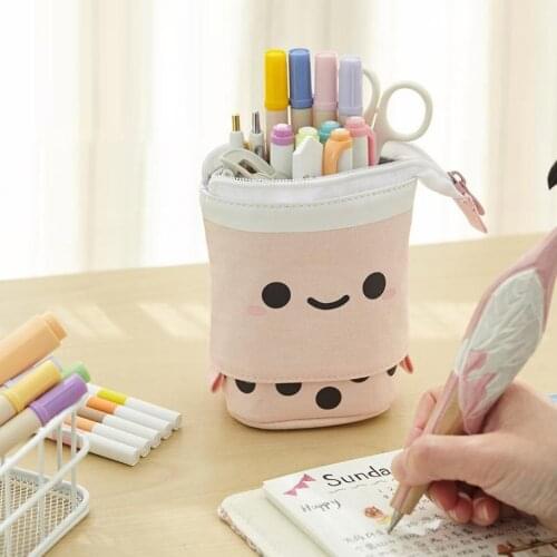 Cute Boba Milk Tea Pen Case Pencil Holder Stationery Case Stand Up Telescopic Pencil Case Pen Box Stationery Pouch Bag