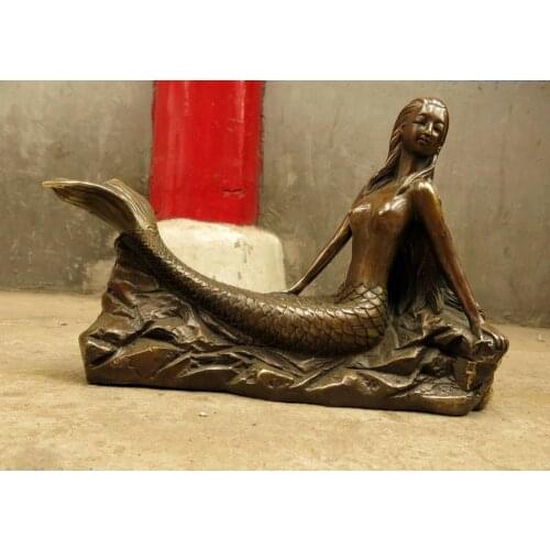 10" China brass copper carved fine workmanship graceful mermaid Sculpture Statue