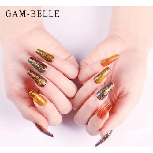 GAM-BELLE 24Pcs Black Gold Glitter False Nails Detachable Ballerina Full Artificial Press On Nails Decoration Manicure Tool
