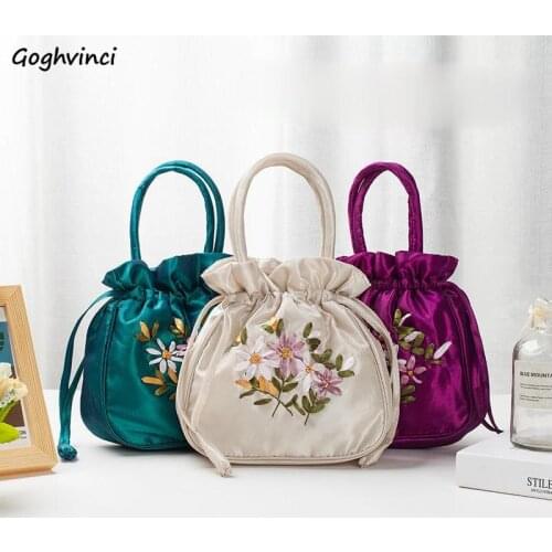 Top-Handle Bags Women Flower Embroidery Smooth Silk Mini Bag Elegant Chinese Style Elegant Females Handbags Retro Drawstring New
