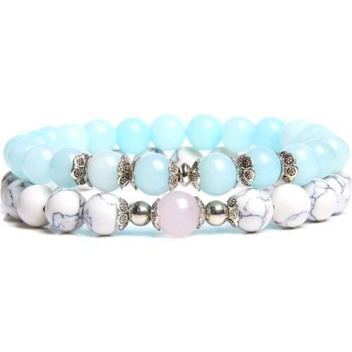 2pcs/set Fashion Women Energy Lucky Bracelet Natural White Turquoises Aquamarines Beaded Charm Bracelet Jewelry for Women Gifts