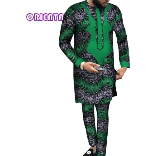 African Clothes for Men Long Sleeve Dashiki Shirt and Pants African Print Clothing Bazin Riche Pants Set Men Suits WYN540