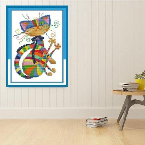 Stamped Cross Stitch Kit for Girls Boys DIY Pre - printed Colorful Cat Pattern