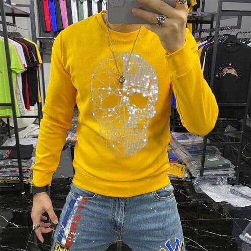 New Top Quality Diamond-Studded Skull Mens Hoodie Brand Summer Slim Sweatshirt Rhinestone Style