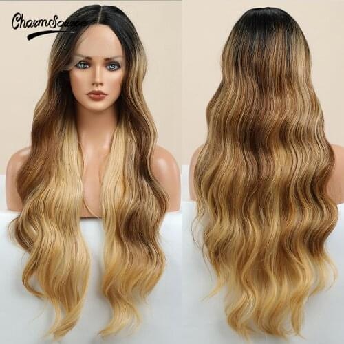 CharmSource Natural Wavy Front Lace Wig Long Black Ombre Brown Wigs for Black Women Daily Party Use High Density Synthetic Hair