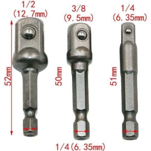 3pcs/set Chrome Vanadium Steel Socket Adapter Hex Shank To 1/4" 3/8" 1/2" Extension Drill Bits Bar Hex Bit Set Power Tools