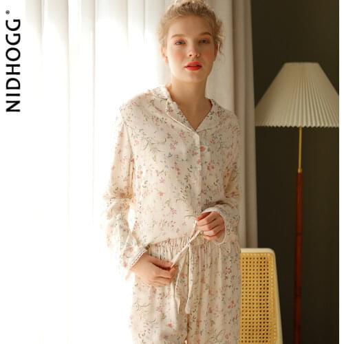 Pre-sale 2021 Spring Satin Pajamas Long Sleeve Viscose Sleepwear Willow Leaf Print Lounge Wear Two Piece Pijama Set Pijama Mujer