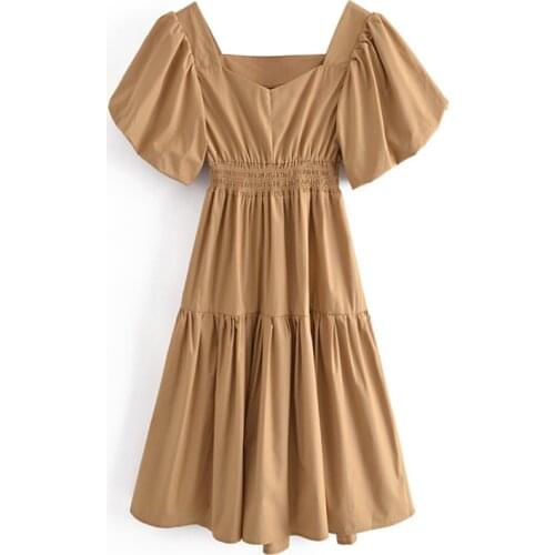 Women Solid Color A Line Midi Dress Casual V Neck Puff Short Sleeve Dresses Female Chic Elastic Waist Pleated Sundress
