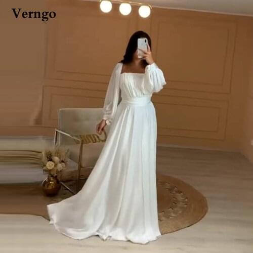 Verngo Simple White Silk Evening Dresses Puffy Long Sleeves Square Neck Dubai Women Formal Prom Gowns Plus Size Party Dress 2021