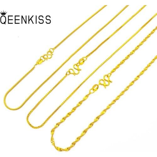 QEENKISS NC504 Fine Jewelry Wholesale Fashion Woman Girl Birthday Wedding Gift Snake Bone Thin Box 24KT Gold Chain Necklace