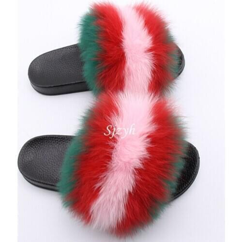 Winter Female Fluffy Fox Fur Slides Cute Rainbow Fur Flip Flops Womens Furry Slippers Indoor Warm Plush Sandals Childrens Shoes