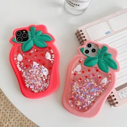 Soft Decompression Quicksand Glitter pink 3D Strawberry Silicone case for iphone xr xs x 8 plus 7 6 6s 11 pro max se 2020 coque