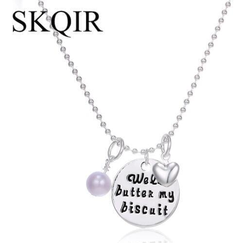SKQIR Well Butten My Biscuit Letter Necklaces Stainless Steel Bead Chain Necklace Pearl Heart Shape Jewelry for Women