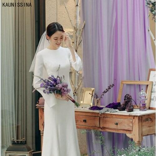 KAUNISSINA Wedding Dress Elegant Long Flare Sleeves O-Neck Solid Simple Bridal Gown Mermaid Wedding Gowns Custom Size Vestidos