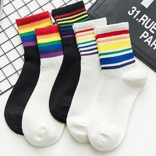 Women Socks Cotton Winter New Unisex Cotton Rainbow Striped Socks Xmas Fashion Warm Chrismas Breathable Sports Middle Tube Socks