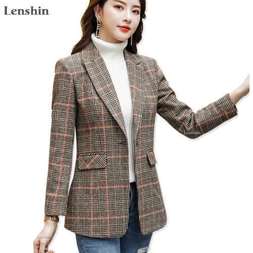 Lenshin Vintage England Style High-quality Plaid Coat with Pockets for Women Single Button Jacket Fashion Outwear Blazer