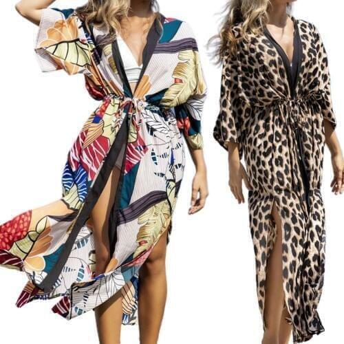 2020 Women Open Front Swimsuit Cover Up Leaves Leopard Print Drawstring Long Cardigan Side Split Drawstring Kimono Robe