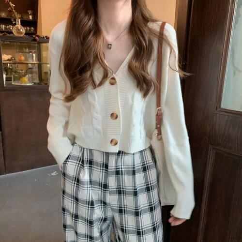 Temperament V-neck Knitted Cardigan Women Spring 2021 New Elegant Office Ladies Loose Casual Short Sweater Coat Long Sleeve Tops