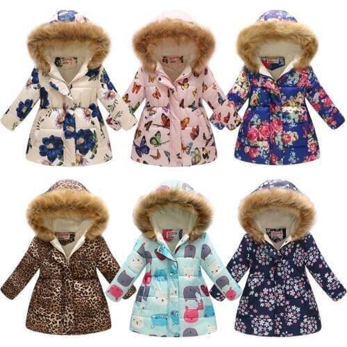 Winter Girls Warm Down Jackets Kids Fashion Printed Thick Outerwear Children Clothing Autumn Baby Girls Cute Jacket Hooded Coats