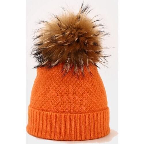 Winter Hat Pompom Women Knit Beanie Brim Skiing Warm Raccoon Fur Outdoor Accessory For Teenagers Girls