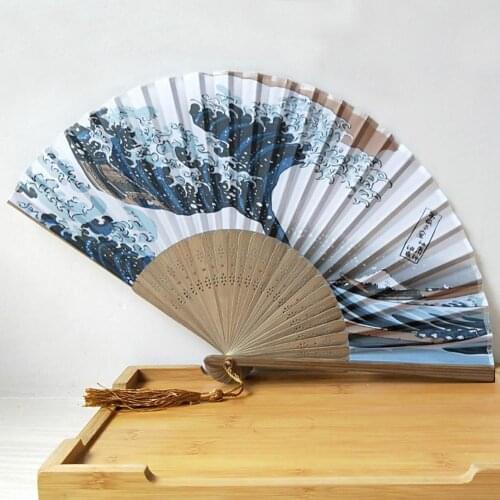 1PCS Silk Hand Japanese Folding Fan Mount Fuj i Kanagawa Waves Pocket Fan Wedding Party Decoration Gifts Home Wall Decoration