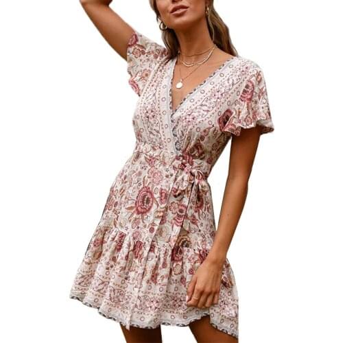 Bohemian Floral Women Summer Dress Ruffle Bandage Mini Dress Female Elegant Holiday Beach Sundress Women Ladies Dresses Vestidos
