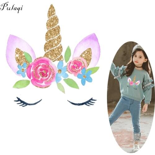 Pulaqi Flower Unicorn Iron On Transfers For Clothes Unicorn In Love Patch Thermal Heat Transfer Vinyl Sticker DIY Applique F