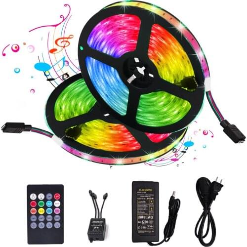 DC12V RGB LED Strip Light with Music Remote Control 5050 30LEDs/M Flexible LED Tape Waterproof LED Ribbon EU/US/AU/UK Set 5M 10M