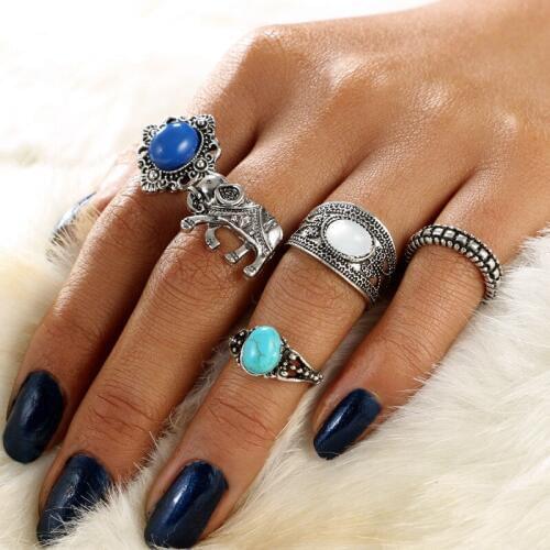 5pcs/lot Classic Animal Elephant Knuckle Rings Set For Women Bohemian Opal Bague Ring Anel Statement Rings Jewelry