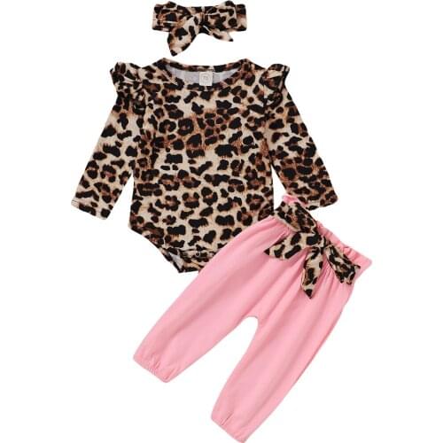 2020 Summer New Toddler Girls Long Sleeve Romper Leopard Print O- Neck Jumpsuit Tops+ Pants + Headband Set 0-18M Baby Clothing
