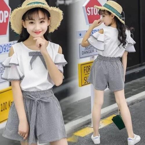 Girls Clothes Set Summer Off Shoulder Tops + Short Pants 2 PCS Children Clothing For Girls Teen Kids Girls Clothes 10 12 14 Year