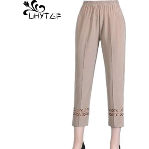 UHYTGF Middle-Aged Elderly Summer Pants Womens Fashion Ice Silk Hollow Thin Straight Leg Pants High Waist Female Trousers 1471
