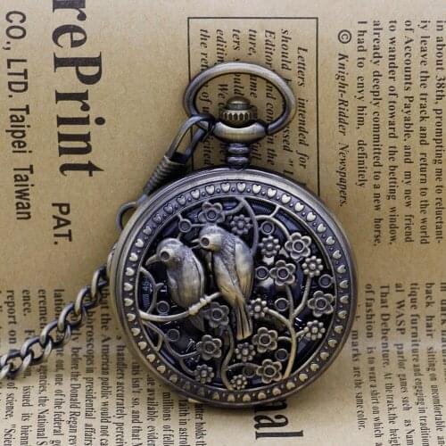 Best Black Skeleton Dial Mechanical Pocket Watch Lovely Double Birds Hand Winding Retro Gift For Men Women PJX1304