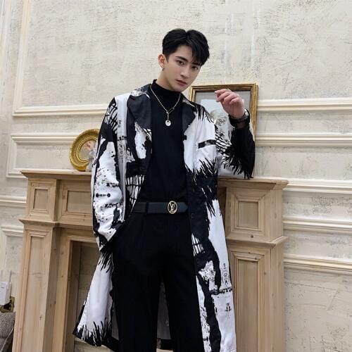 Men Print Long Trench Coat Cardigan Male Streetwear Hip Hop Slim Casual Vintage Windbreaker Jacket Outerwear