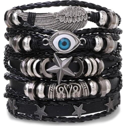 FAMSHIN Boho Multilayer Leather Bracelet Set Eye Wings Star Charms Beads Bracelets For Man Ethnic Jewelry Punk Wrap Wristband