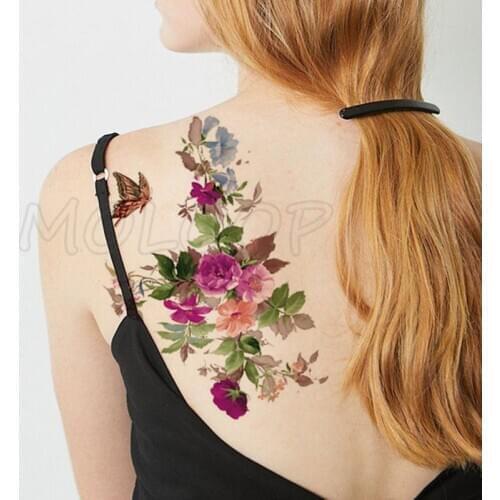 Peony Morning Glory Flower Bud Tattoos Stickers Women Body Waist Arm Art Tattoos Temporary Girls Butterfly Tatoos Rose Chains