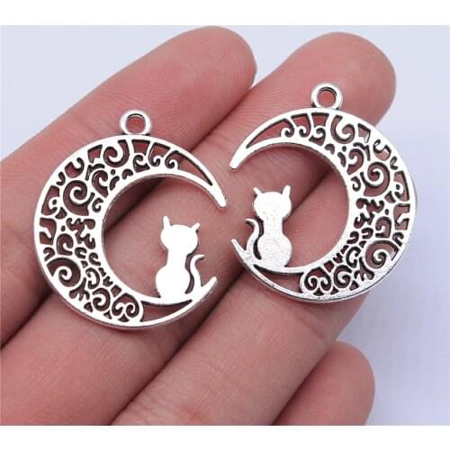 New Fashion 10pcs 30x26mm Antique Silver Color Moon Cat Charms Pendant For Jewelry Making DIY Jewelry Findings