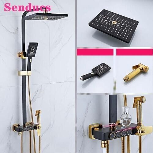 Senducs Bathroom Shower Set Thermostatic Bathtub Mixer Faucets 12 Inch Rainfall Shower Head Quality Brass Hot Cold Shower Sets