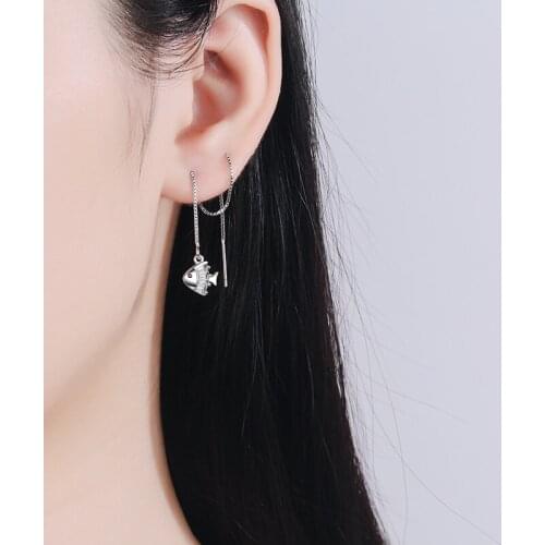 Cute Lovely Sea Fish Long Box Chain Drop Earrings Shiny AAA Zircon Stone Stud Creative Dangle Earring Line Piercing Ear Jewelry
