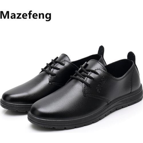 Mazefeng Male Leather Shoes Breathable Round Toe Men Dress Shoes Lace-up Waterproofing Solid Business Leather Shoes Black Flats