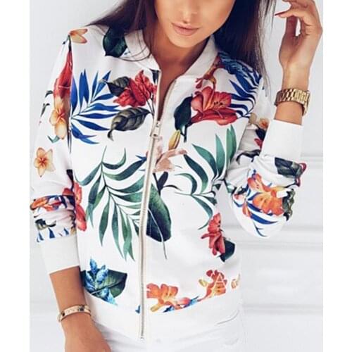 Female Plus Size Flower Leaves Print Sports Jackets Women Spring/Autumn Long Sleeve Baseball Jacket Zip Coat