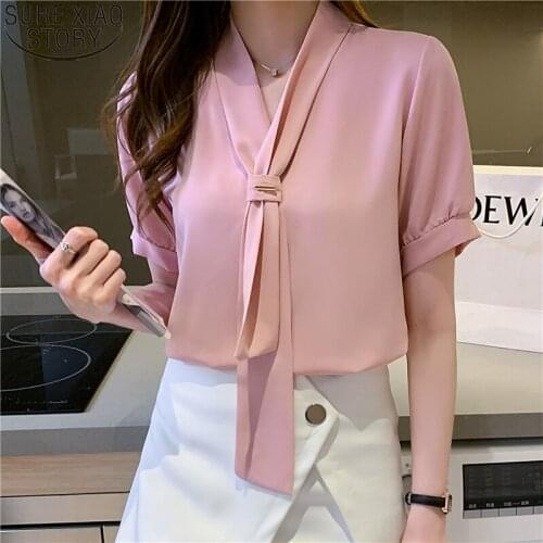 Women Tops V Neck Short Sleeve Female Clothing with Tie Summer Chiffon Blouse Fashion White Shirts 2021 New Blusas Mujer 15063