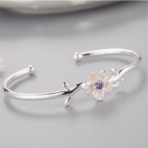 Season Gate 925 Sterling Silver Literary Branches Cherry Blossoms Flowers Adjustable Size Open Bracelets for Women Girls SB009