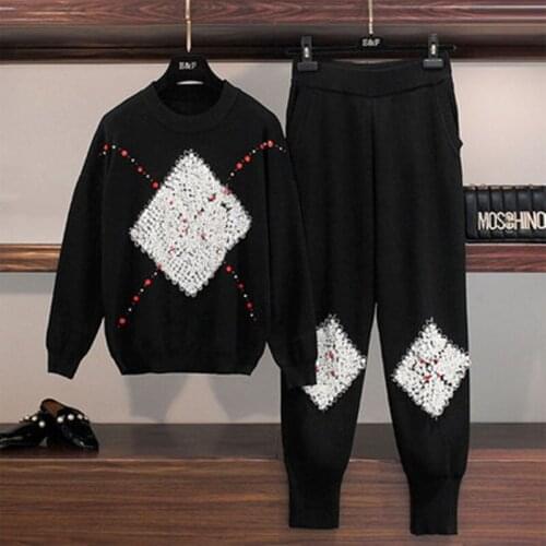 2019 New Autumn Knitted two piece women sets Fashion Sequin Beading Long sleeve knitted Sweater tops + Casual Pants Women set