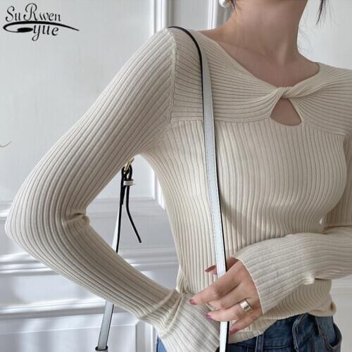 Womens Sweater Spring and Autumn New Twist Hollow V-neck Long Sleeve Pullover Women Solid Slim Sexy Womens Knitwear 10820