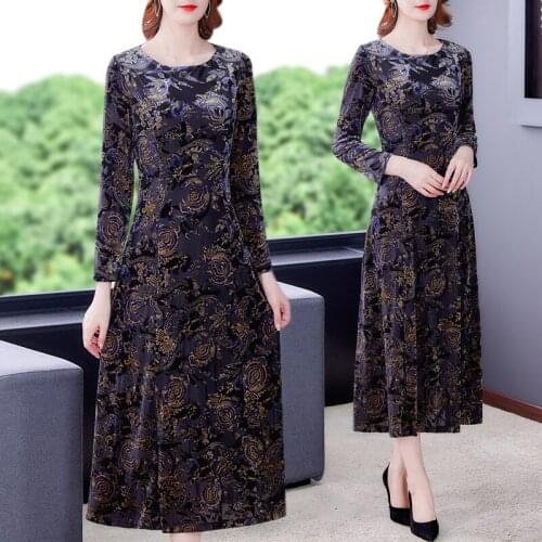 2021 New Velvet Floral Elegant Vintage 4XL Midi Dress Spring Autumn Boho Korean Casual Long Sleeve Women Bodycon Party Vestidos