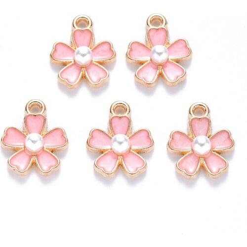10pcs Cherry Blossoms Flower Enamel Alloy Charms with Plastic Imitation Pearl Pendants For DIY Bracelet Necklace Accessories