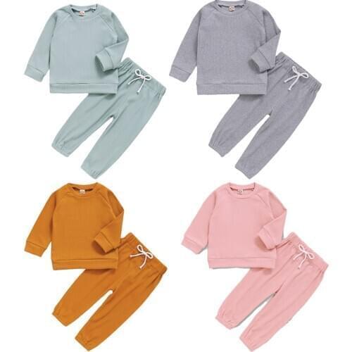 2021 1-6Y Casual Kids Baby Boy Girl Clothing Spring Fall Solid Long Sleeve Top Pullover+Drawstring Long Pants Tracksuit 2pcs